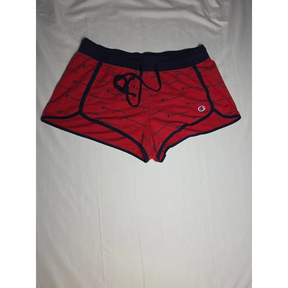 Champion Red Navy Script Logo Dolphin Athletic Shorts Womens 1X Drawstring Gym